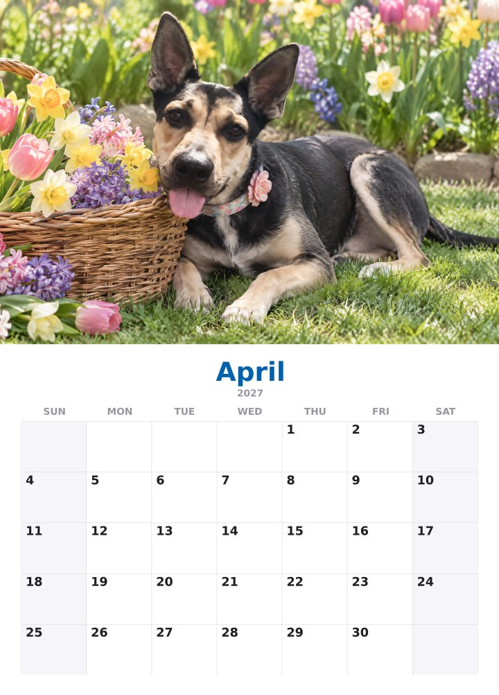 April: spring flowers page of the 2027 calendar, with the month’s dates below