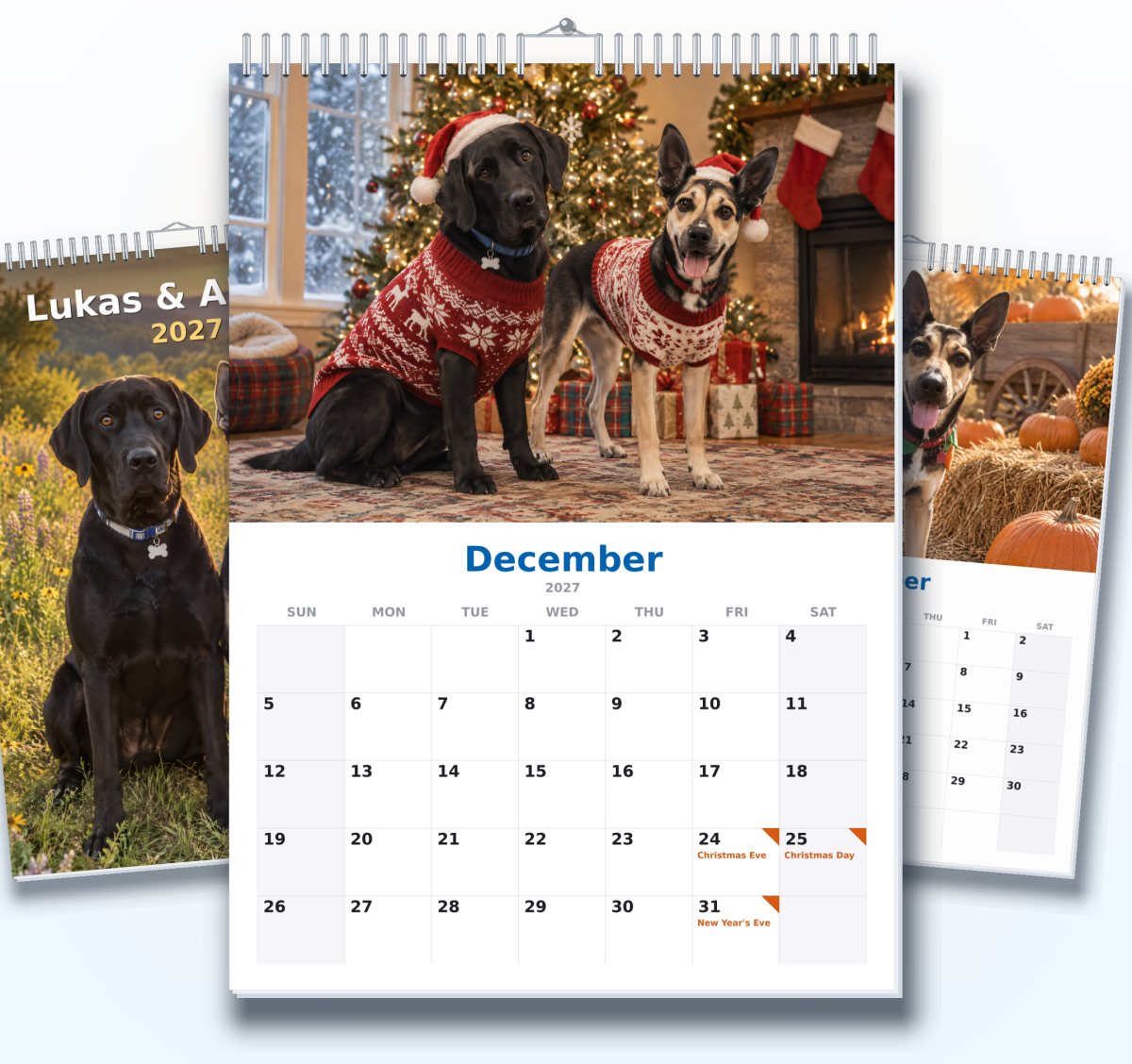 A hanging 2027 wall calendar open to December: Lukas, a black Lab, and Ahsoka, a shepherd mix, in Christmas sweaters by the tree, with the cover and October behind it