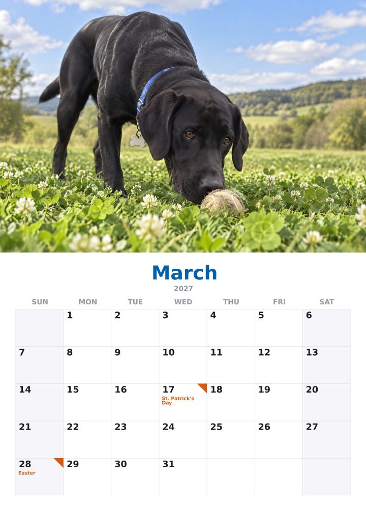 March: a spring meadow page of the 2027 calendar, with the month’s dates below