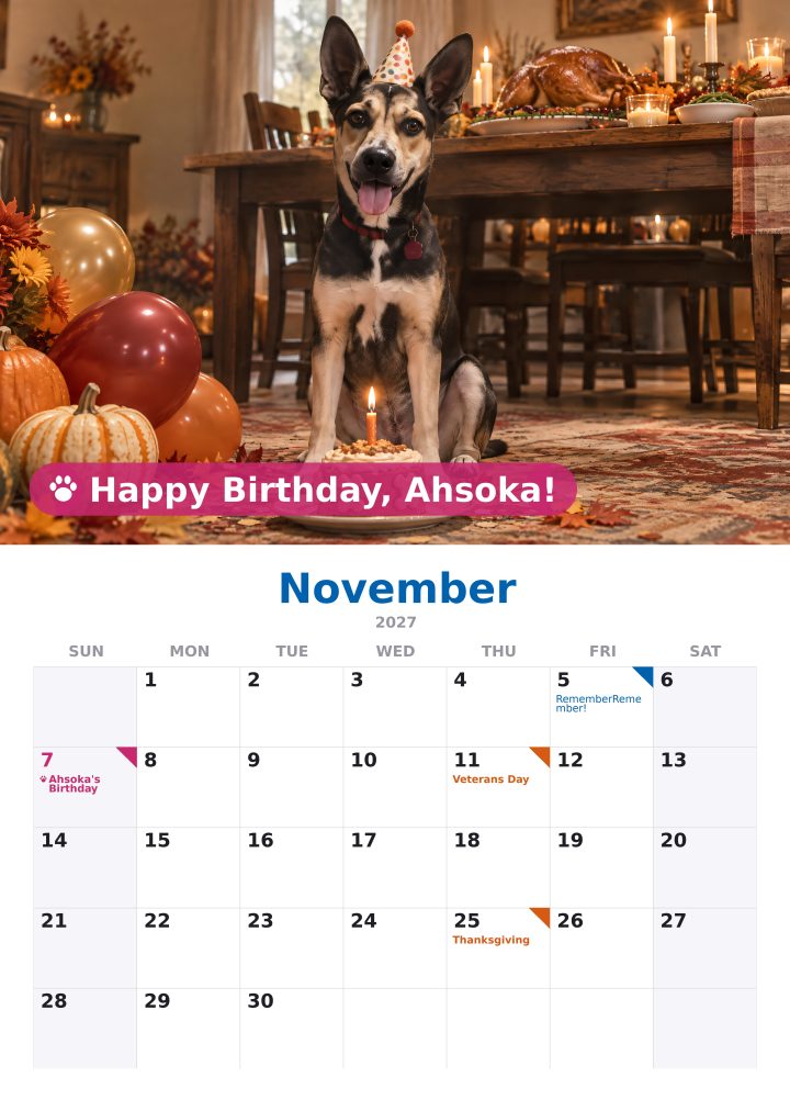 November page: Ahsoka in a party hat with a birthday cake and a Happy Birthday, Ahsoka! banner; November 7 is marked Ahsoka’s Birthday